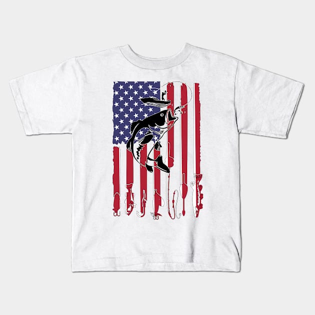 American Flag Fishing Angler Rod Pole Lure Fish USA Vintage Kids T-Shirt by The Dirty Gringo